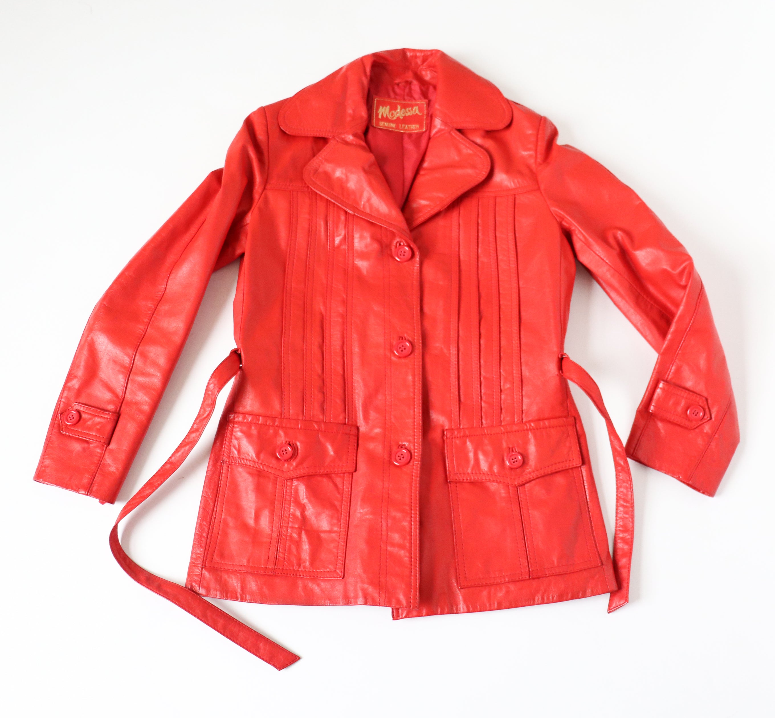 Red Leather 1970s Belted Jacket - Vintage - Fit S / UK 10