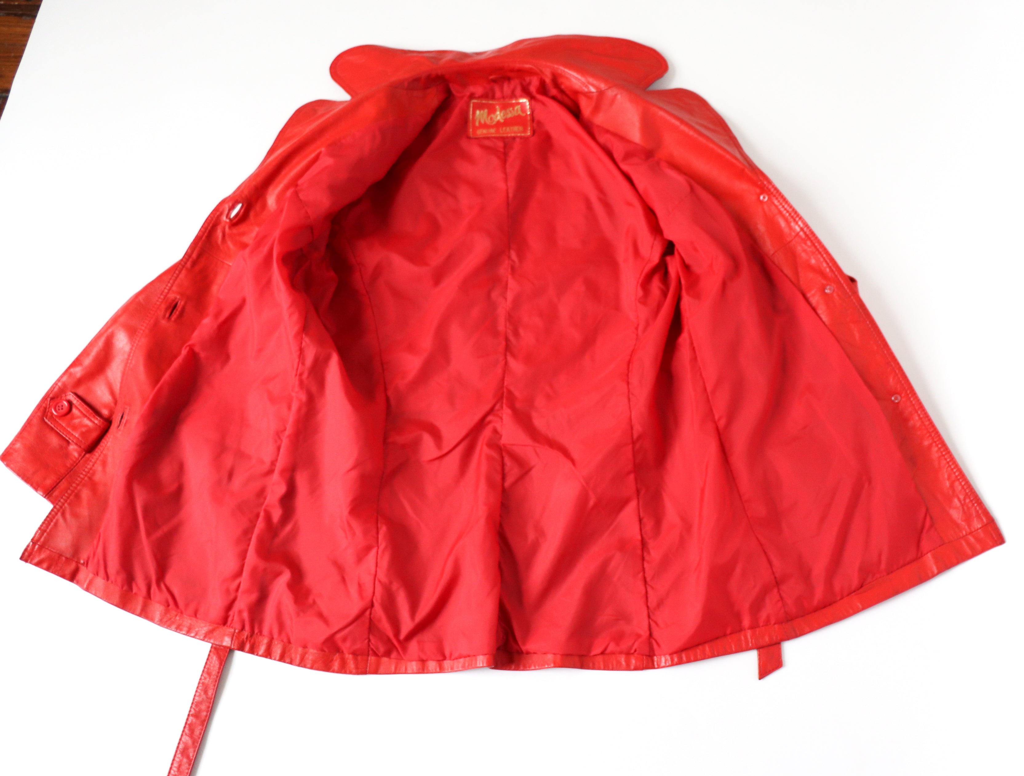 Red Leather 1970s Belted Jacket - Vintage - Fit S / UK 10
