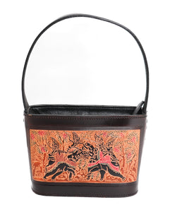 Small Top Handle Bag -  Thai Art - Tooled Leather - Tan Brown