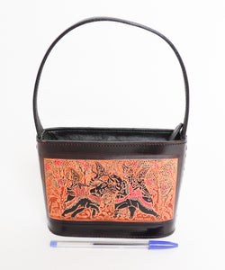 Small Top Handle Bag -  Thai Art - Tooled Leather - Tan Brown