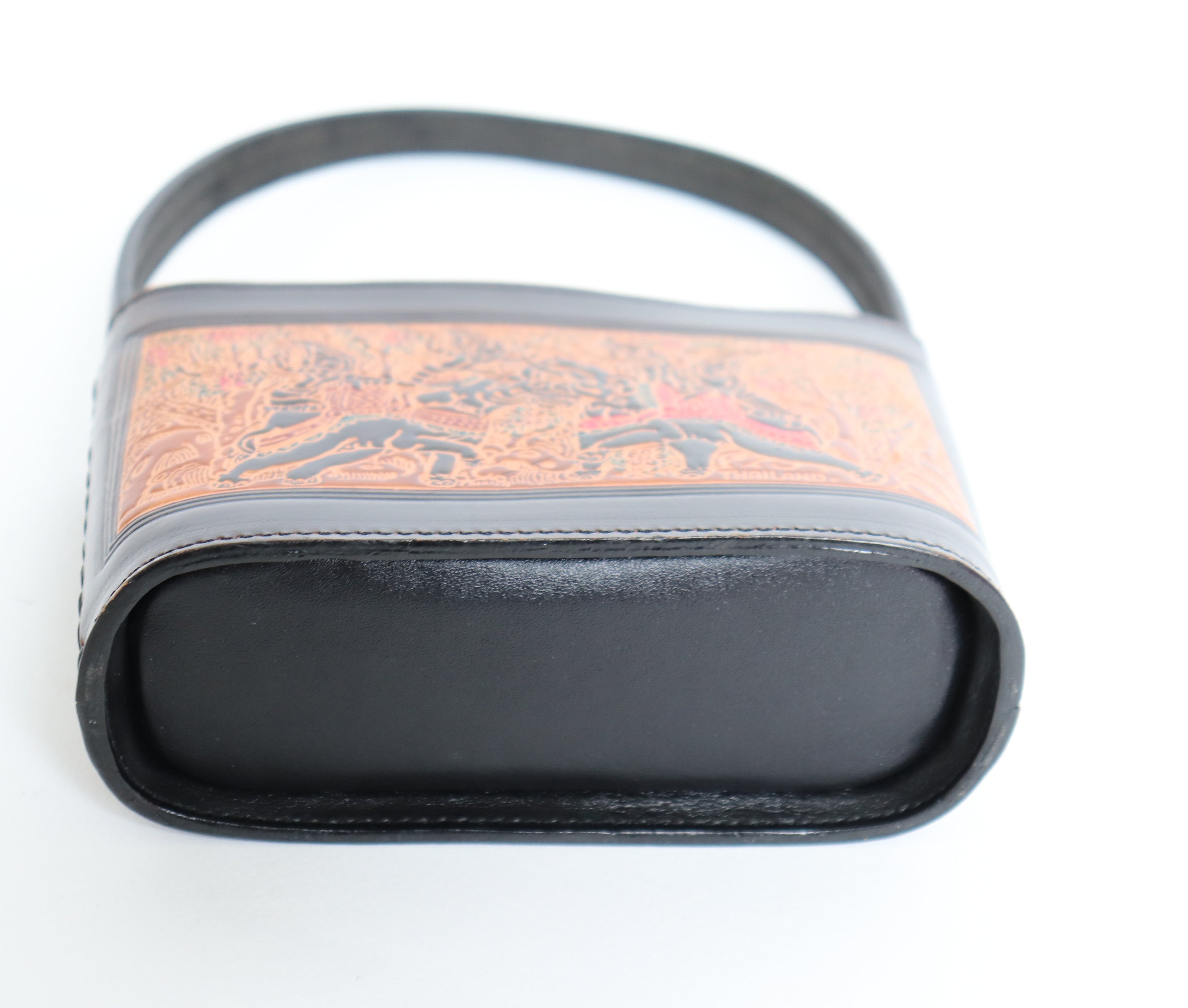 Small Top Handle Bag -  Thai Art - Tooled Leather - Tan Brown