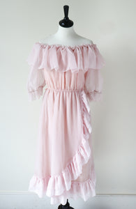 Vintage 1970s Ruffle Dress - Papillon Pink Polyester Chiffon - Fit M / UK 12