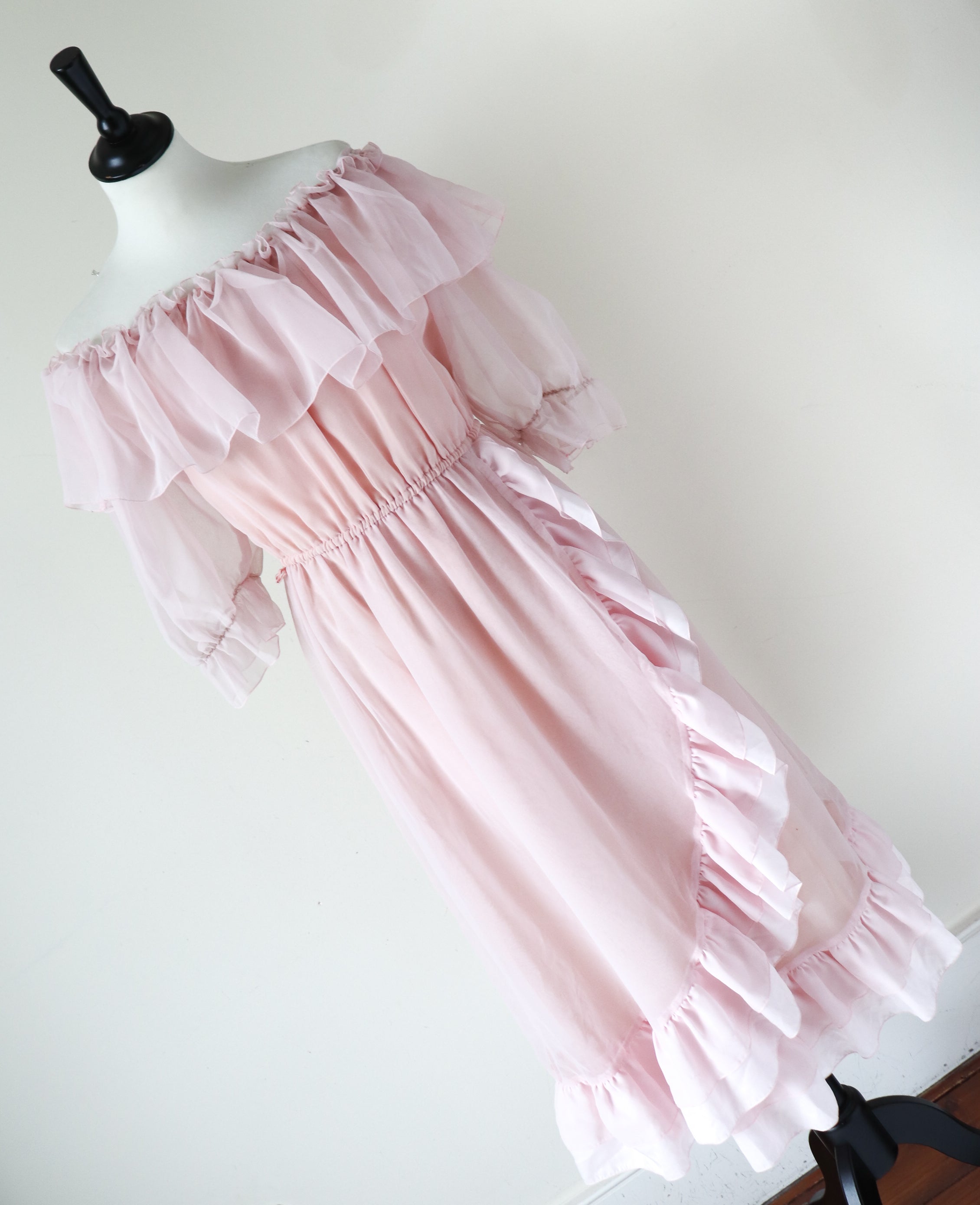 Vintage 1970s Ruffle Dress - Papillon Pink Polyester Chiffon - Fit M / UK 12