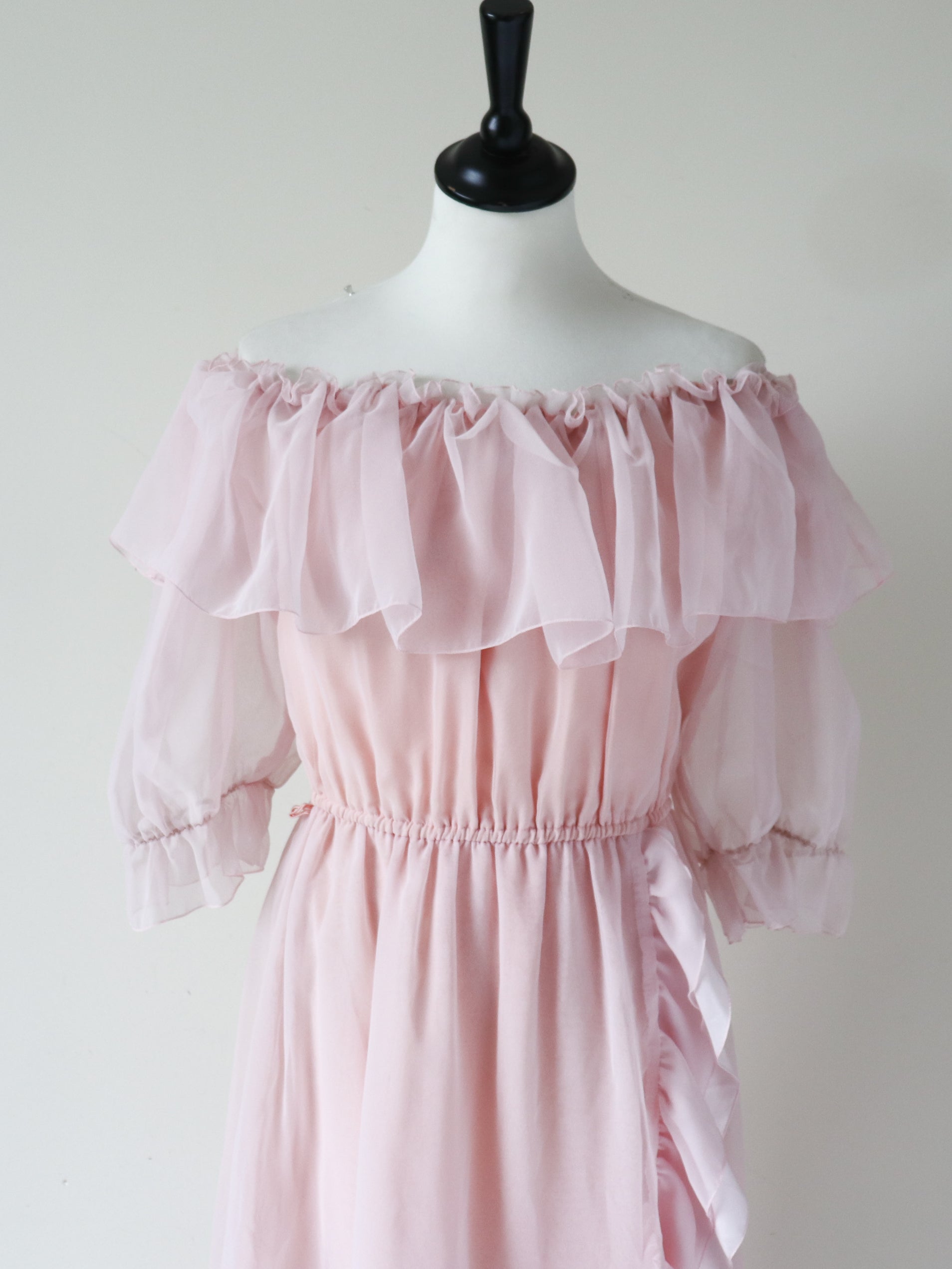 Vintage 1970s Ruffle Dress - Papillon Pink Polyester Chiffon - Fit M / UK 12