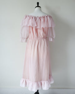 Vintage 1970s Ruffle Dress - Papillon Pink Polyester Chiffon - Fit M / UK 12