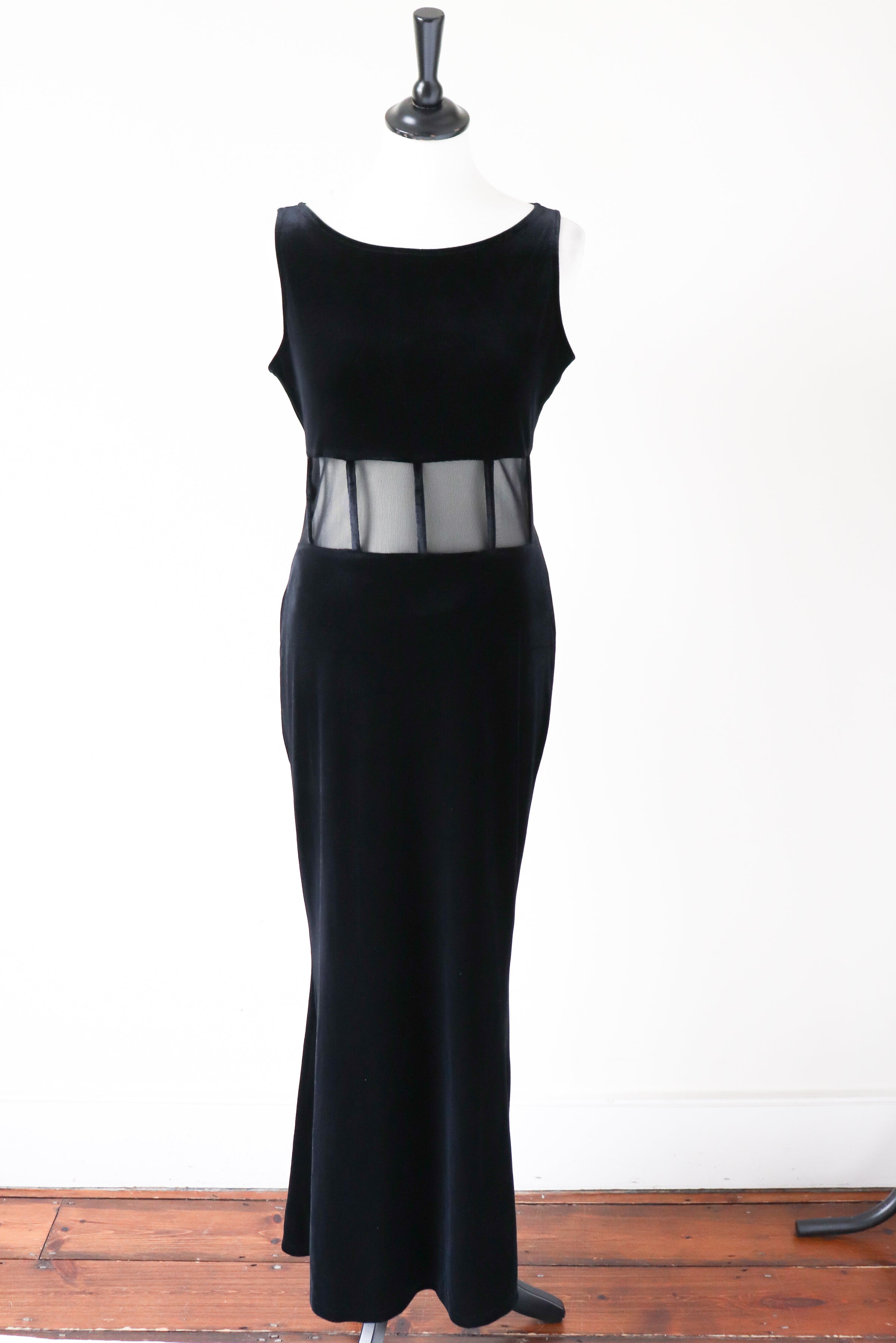 Black / Mesh Velvet Bias Cut Long  Dress - Evening - Vintage 1990 - S / UK 10