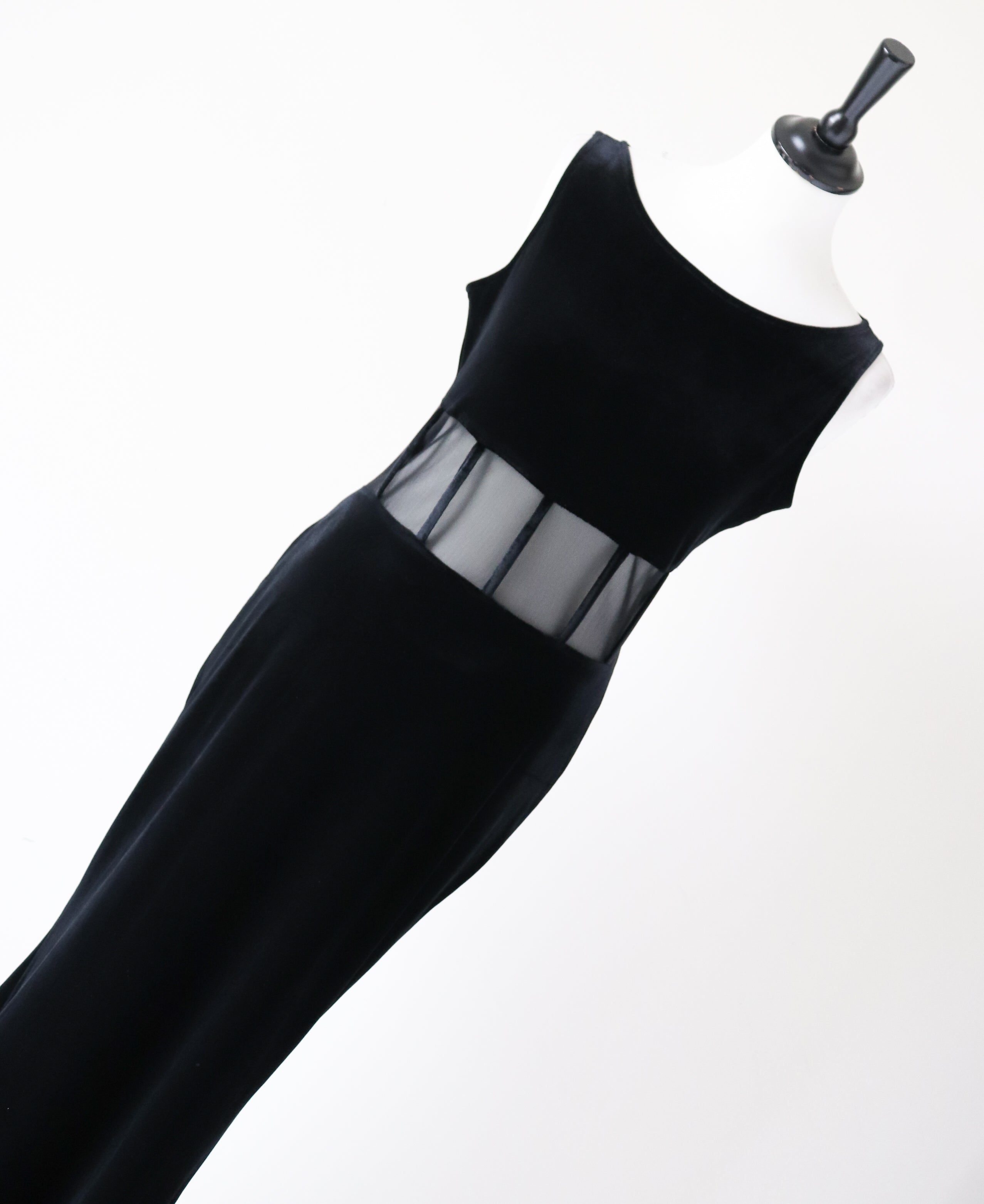Black / Mesh Velvet Bias Cut Long  Dress - Evening - Vintage 1990 - S / UK 10