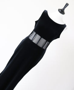 Black / Mesh Velvet Bias Cut Long  Dress - Evening - Vintage 1990 - S / UK 10