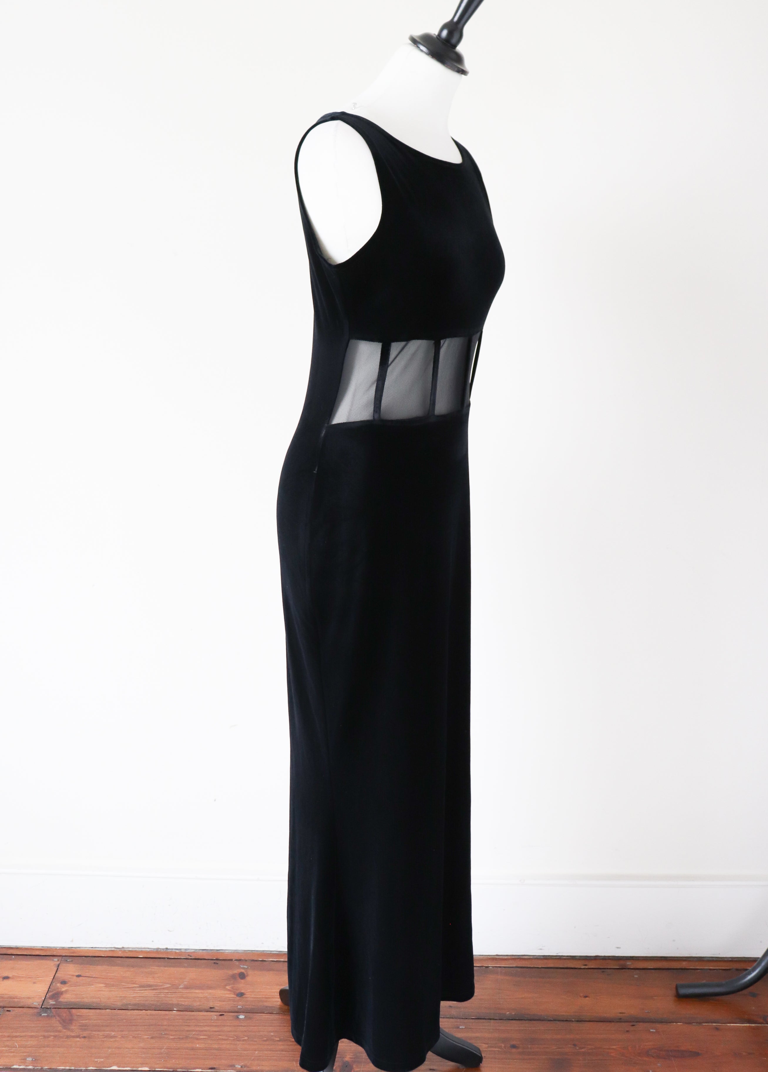 Black / Mesh Velvet Bias Cut Long  Dress - Evening - Vintage 1990 - S / UK 10