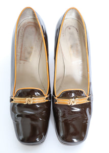1970s Vintage Platform Block Heel  Loafers - Patent Brown Leather - Fit 39.5