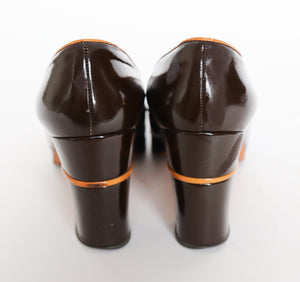 1970s Vintage Platform Block Heel  Loafers - Patent Brown Leather - Fit 39.5