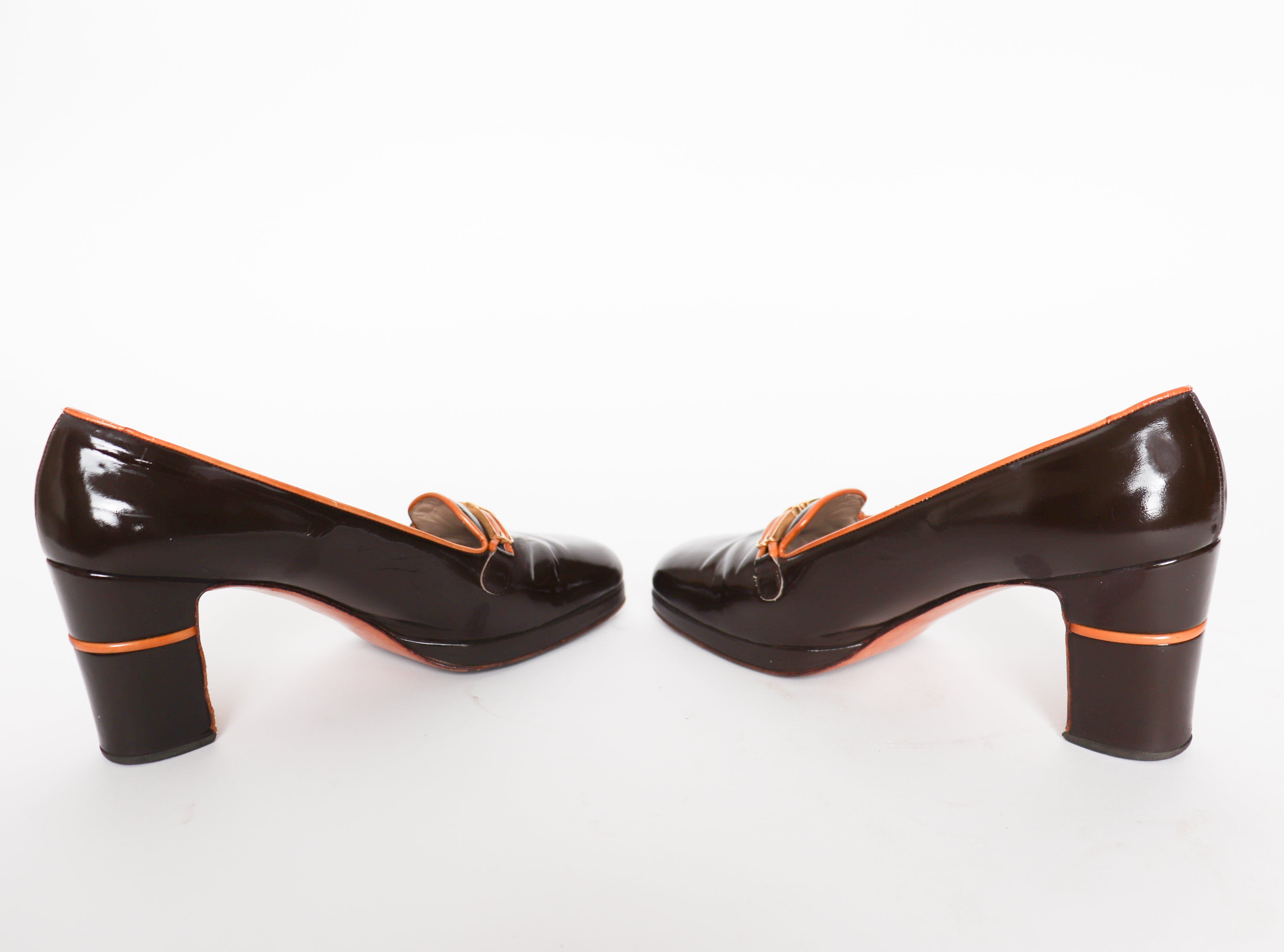 1970s Vintage Platform Block Heel  Loafers - Patent Brown Leather - Fit 39.5