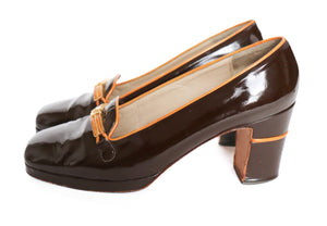 1970s Vintage Platform Block Heel  Loafers - Patent Brown Leather - Fit 39.5