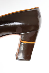 1970s Vintage Platform Block Heel  Loafers - Patent Brown Leather - Fit 39.5