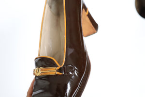 1970s Vintage Platform Block Heel  Loafers - Patent Brown Leather - Fit 39.5