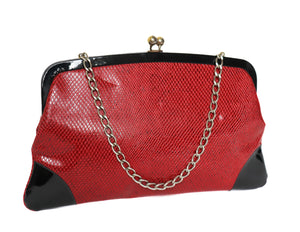 Ingber Vintage 1960s Red Purse Bag / Clutch - Vinyl  Snakeskin Texture - Medium