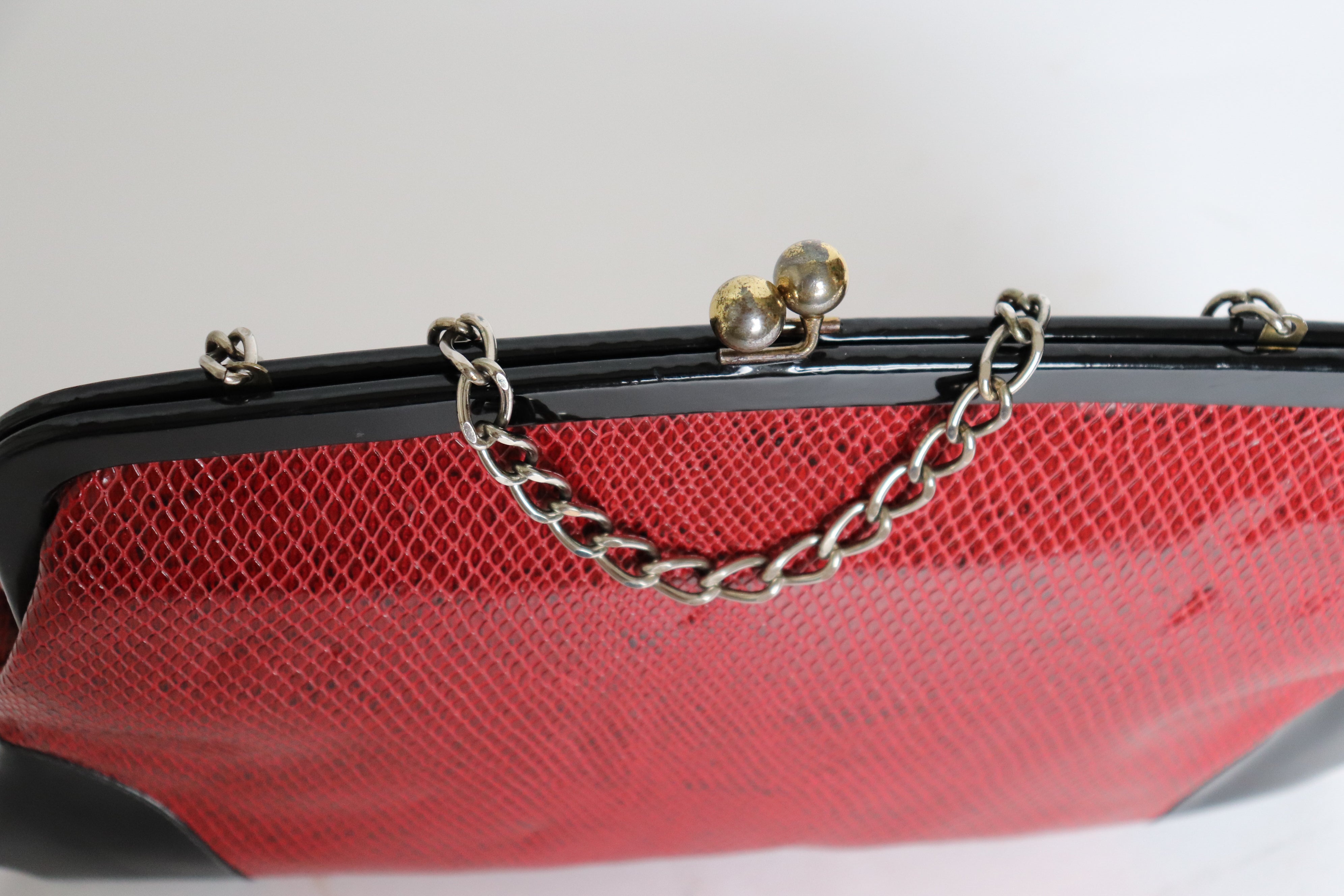 Ingber Vintage 1960s Red Purse Bag / Clutch - Vinyl  Snakeskin Texture - Medium