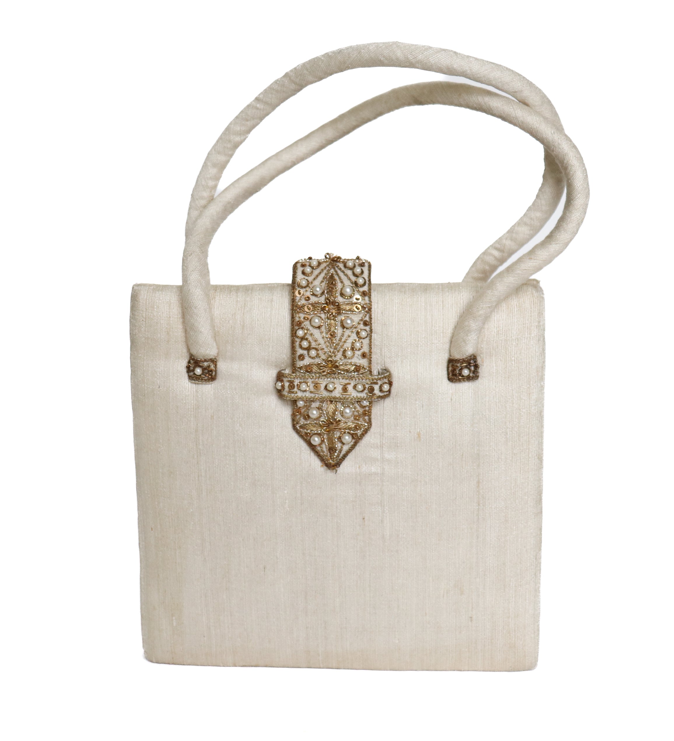 Vintage Beaded Top Handle Bag -  Ivory Cream Indian Silk - Small