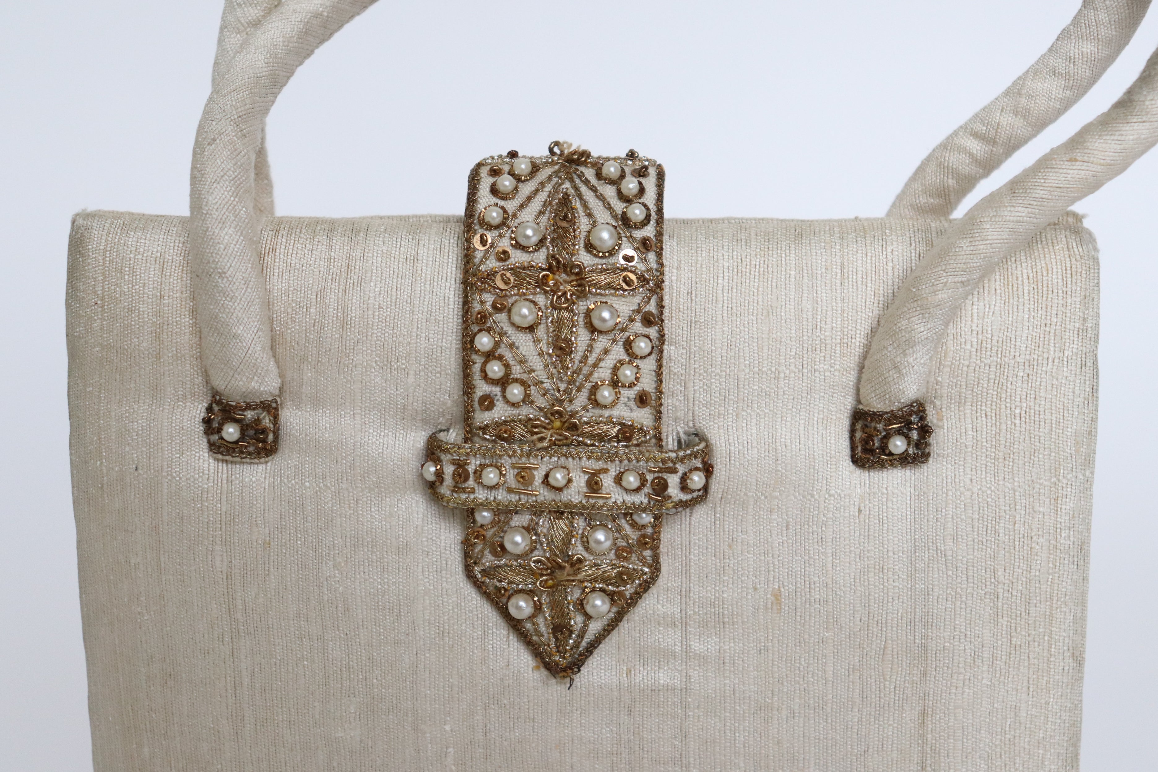 Vintage Beaded Top Handle Bag -  Ivory Cream Indian Silk - Small