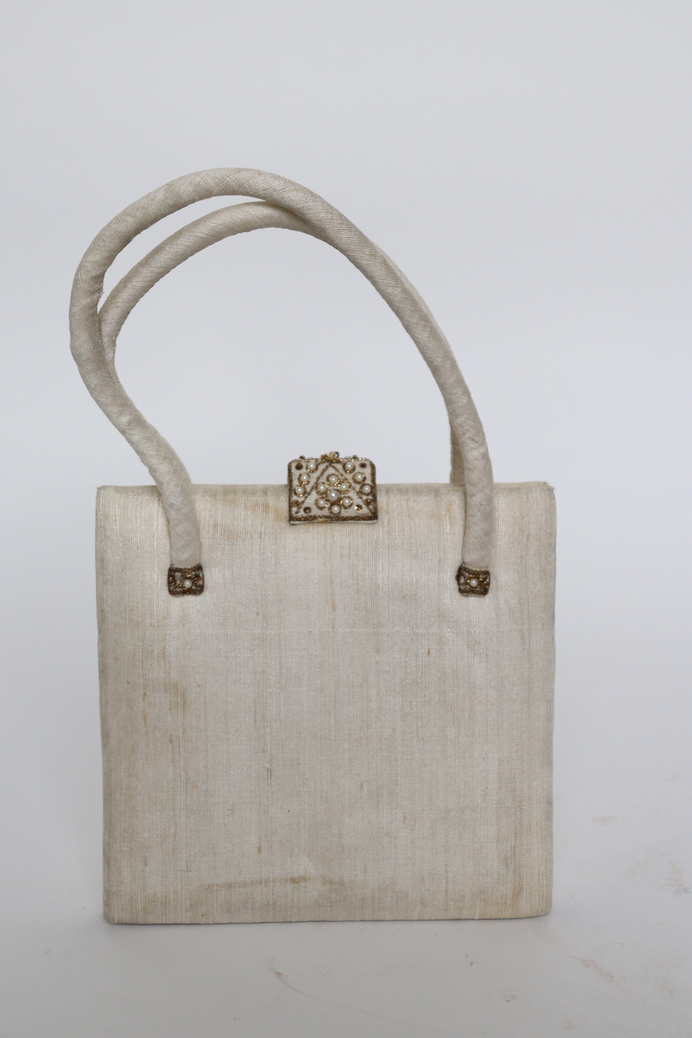 Vintage Beaded Top Handle Bag -  Ivory Cream Indian Silk - Small