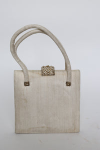 Vintage Beaded Top Handle Bag -  Ivory Cream Indian Silk - Small