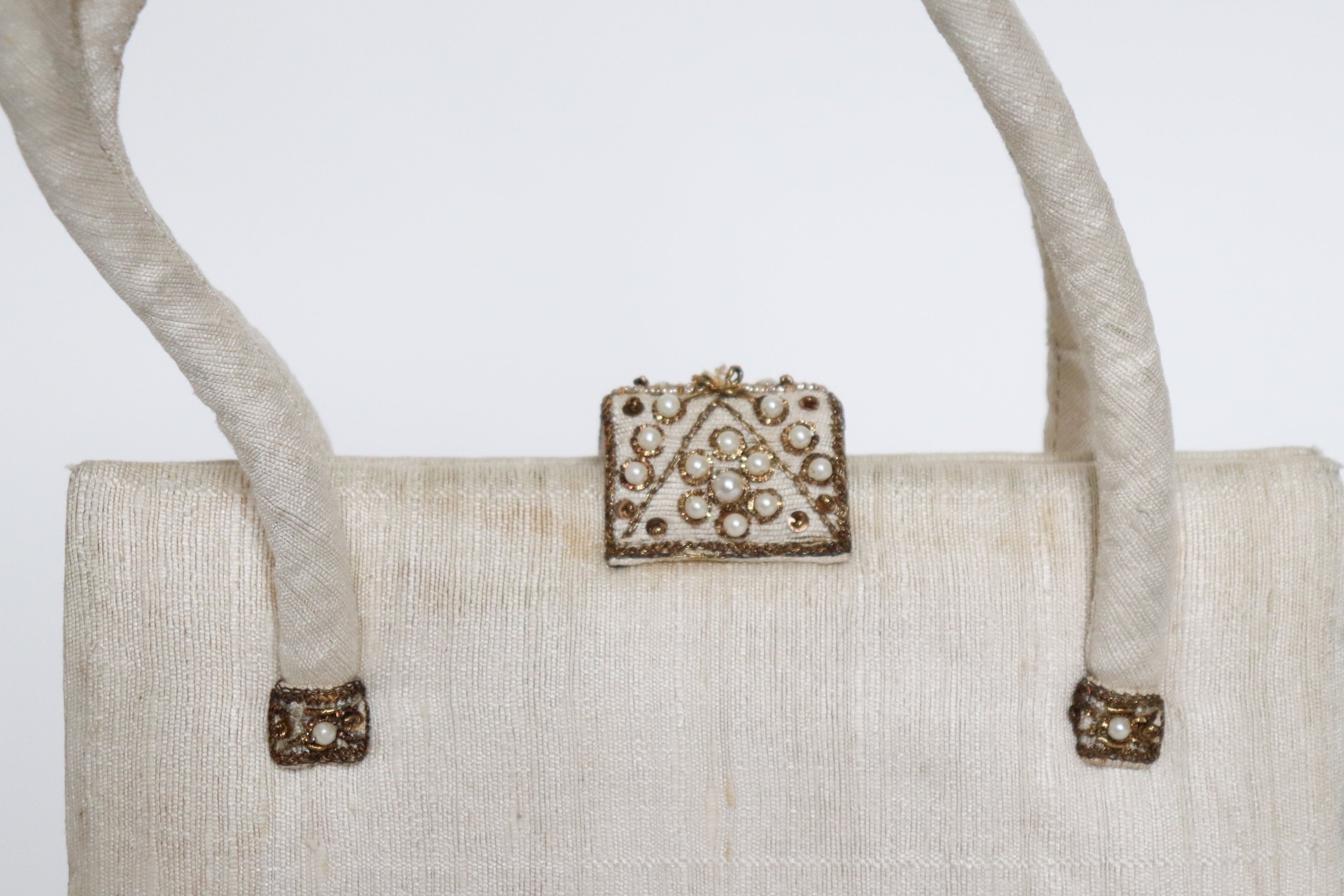 Vintage Beaded Top Handle Bag -  Ivory Cream Indian Silk - Small