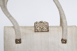 Vintage Beaded Top Handle Bag -  Ivory Cream Indian Silk - Small