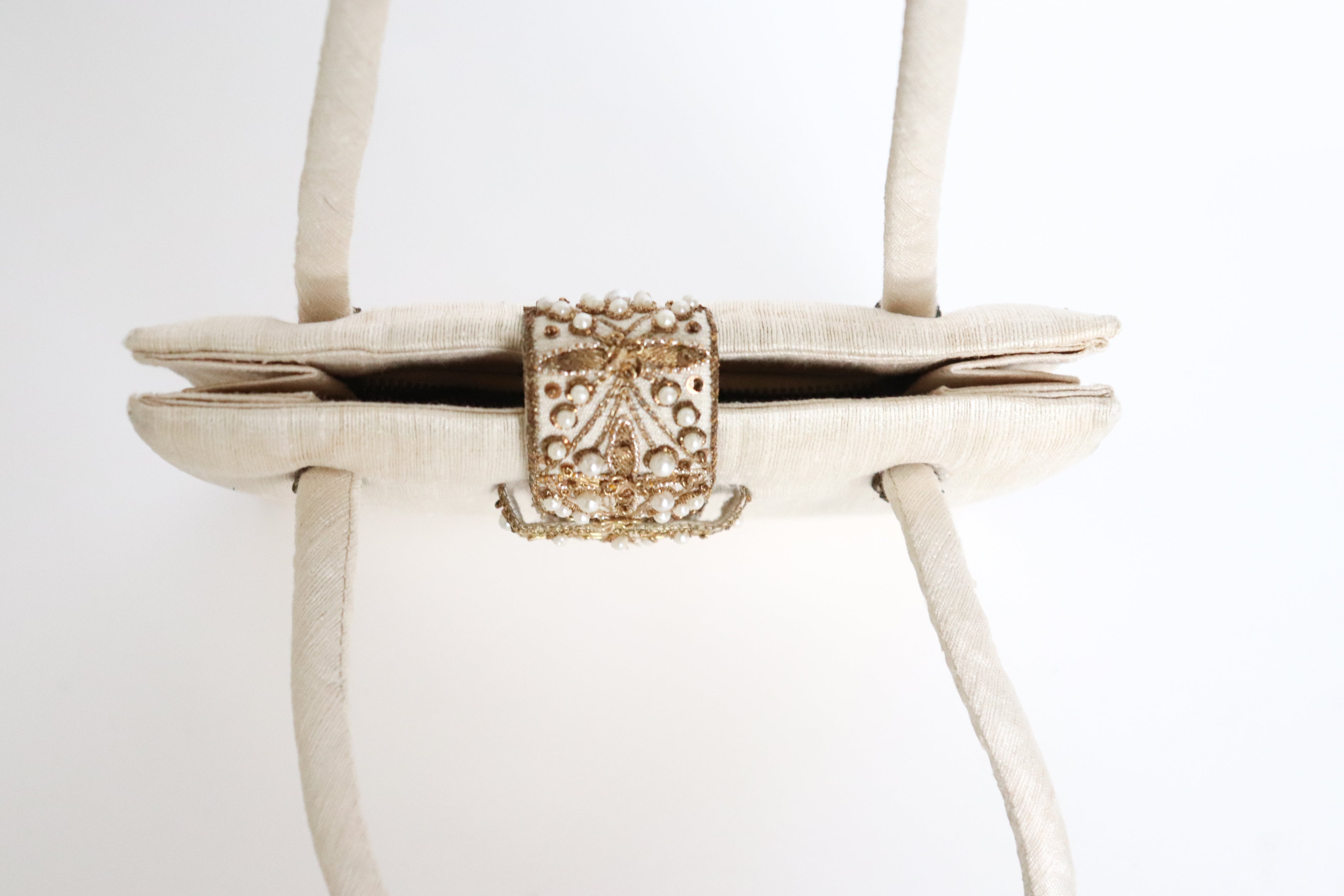 Vintage Beaded Top Handle Bag -  Ivory Cream Indian Silk - Small