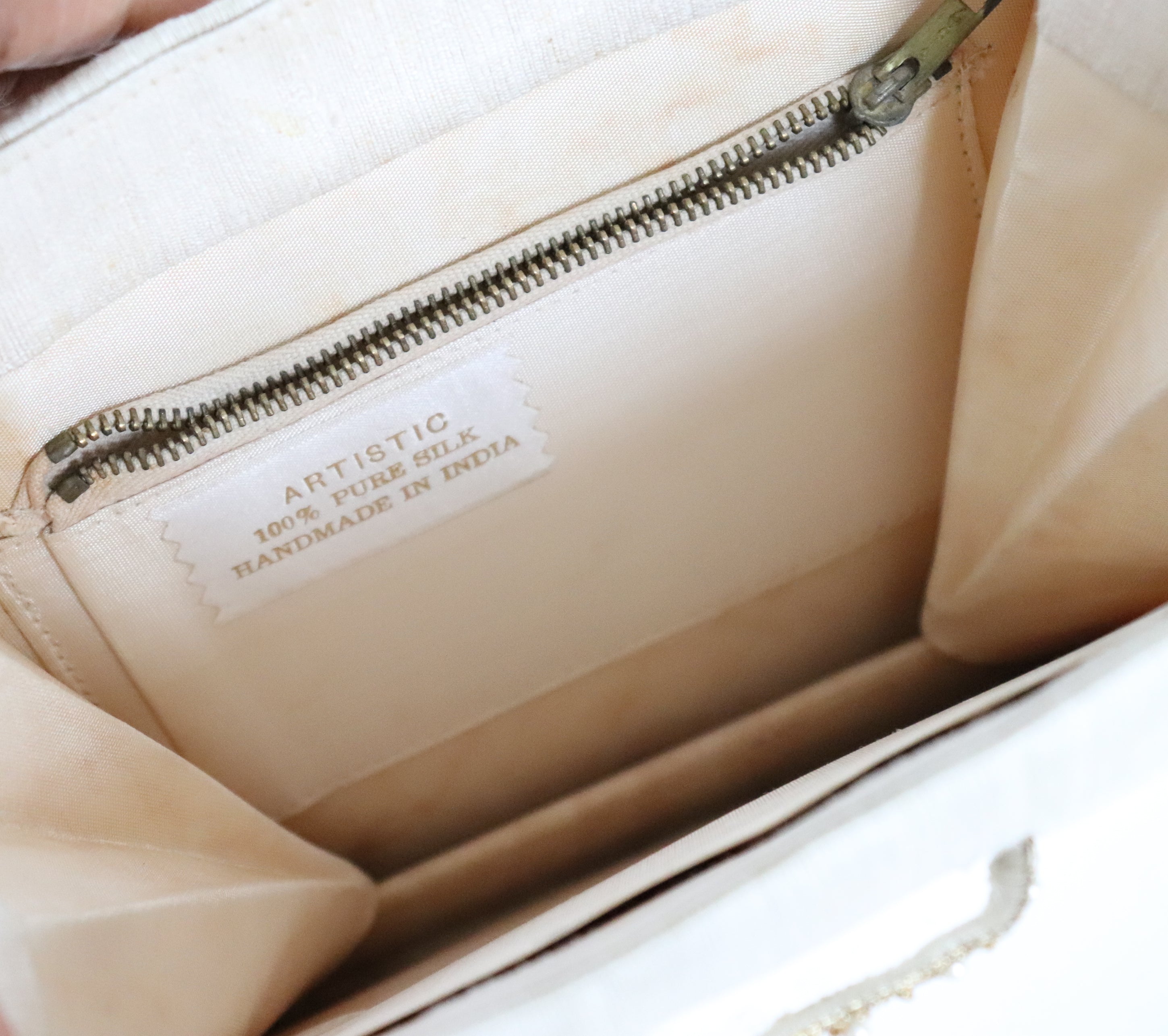 Vintage Beaded Top Handle Bag -  Ivory Cream Indian Silk - Small