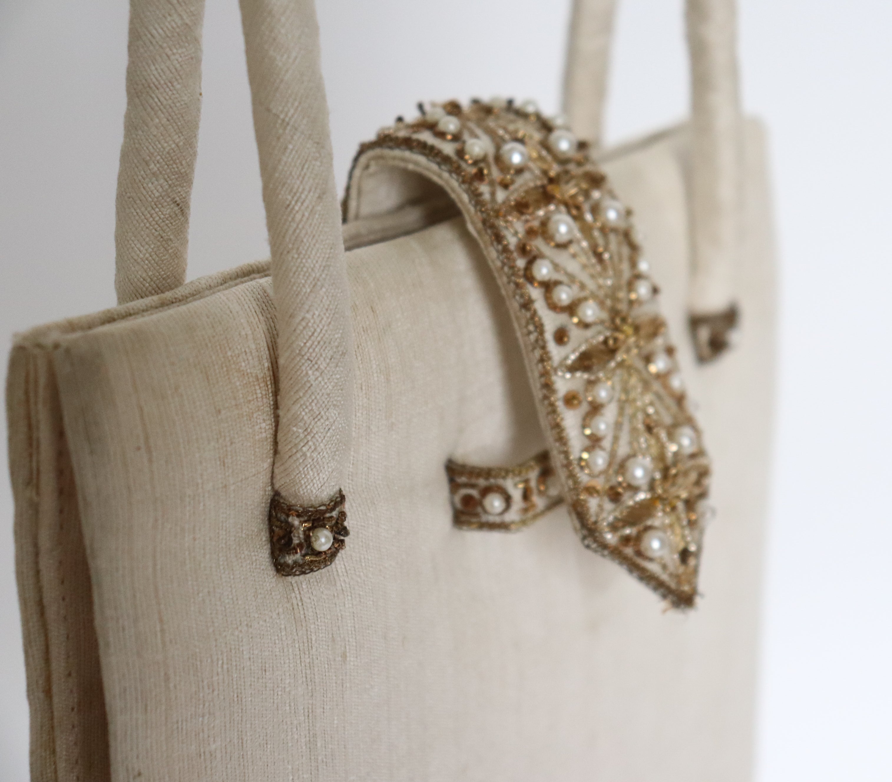 Vintage Beaded Top Handle Bag -  Ivory Cream Indian Silk - Small