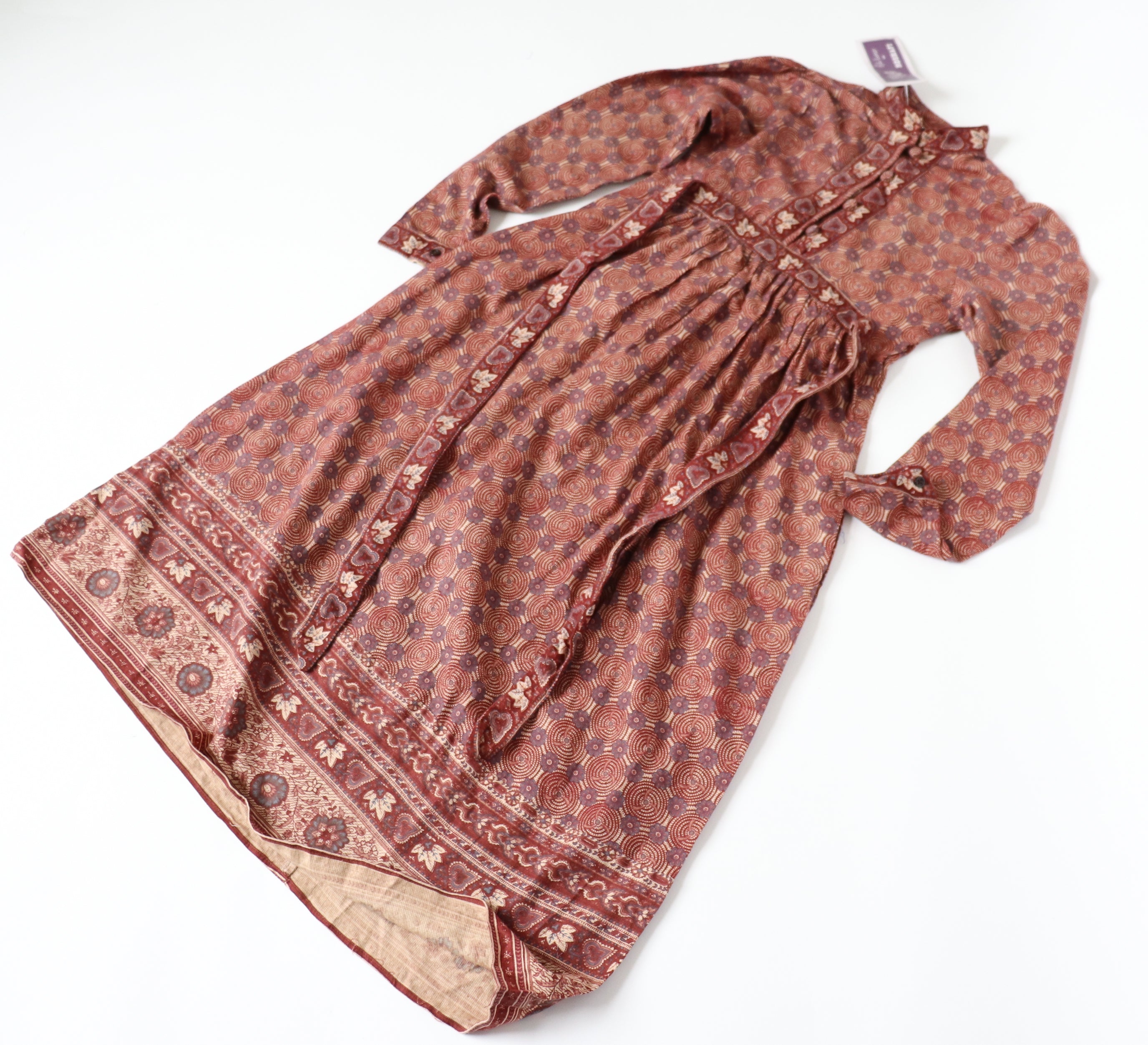 Ritu Kumar Vintage Block Print Cotton Dress - Empire Line - Brown -  S /  10