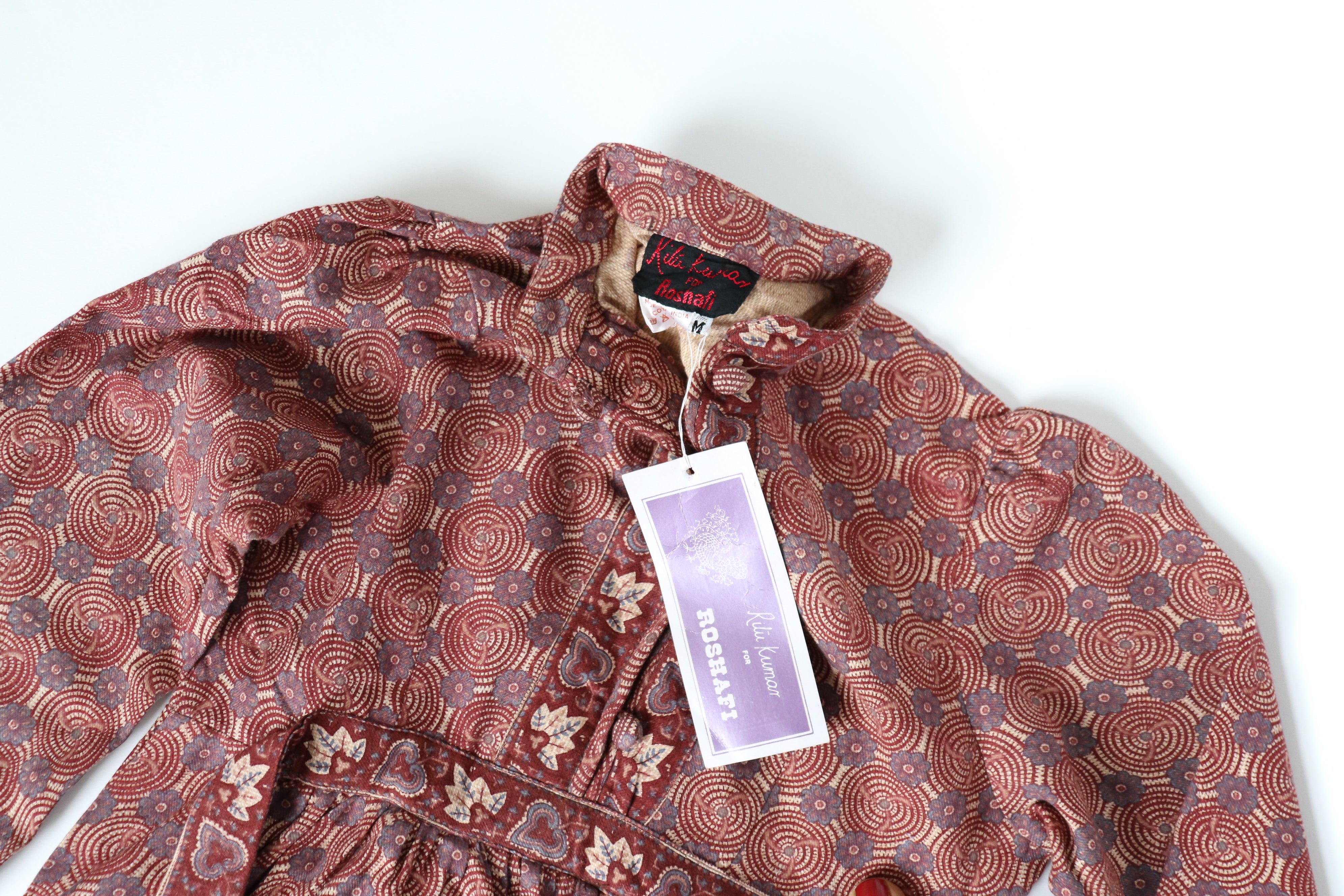 Ritu Kumar Vintage Block Print Cotton Dress - Empire Line - Brown -  S /  10