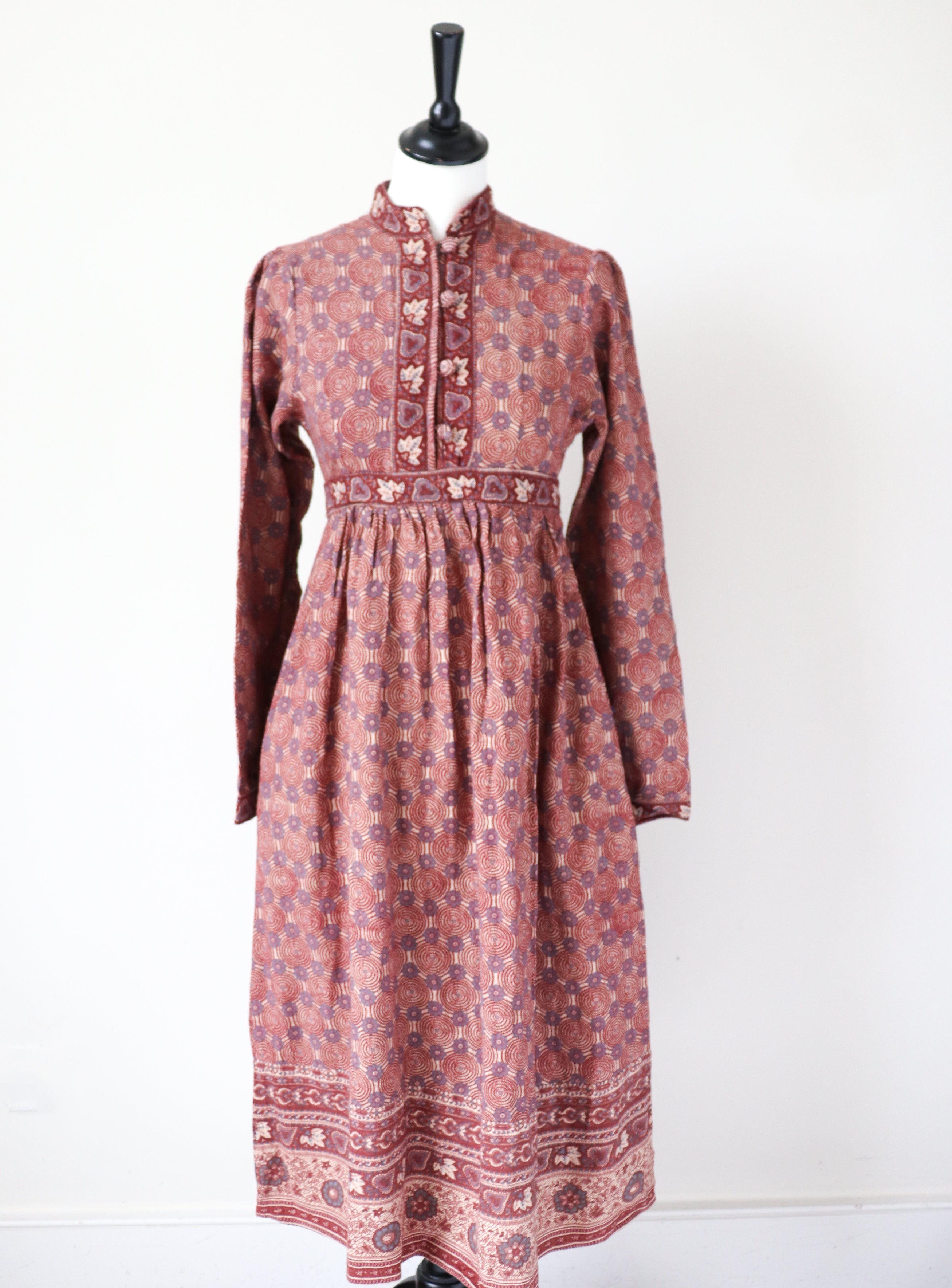 Ritu Kumar Vintage Block Print Cotton Dress - Empire Line - Brown -  S /  10