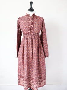 Ritu Kumar Vintage Block Print Cotton Dress - Empire Line - Brown -  S /  10