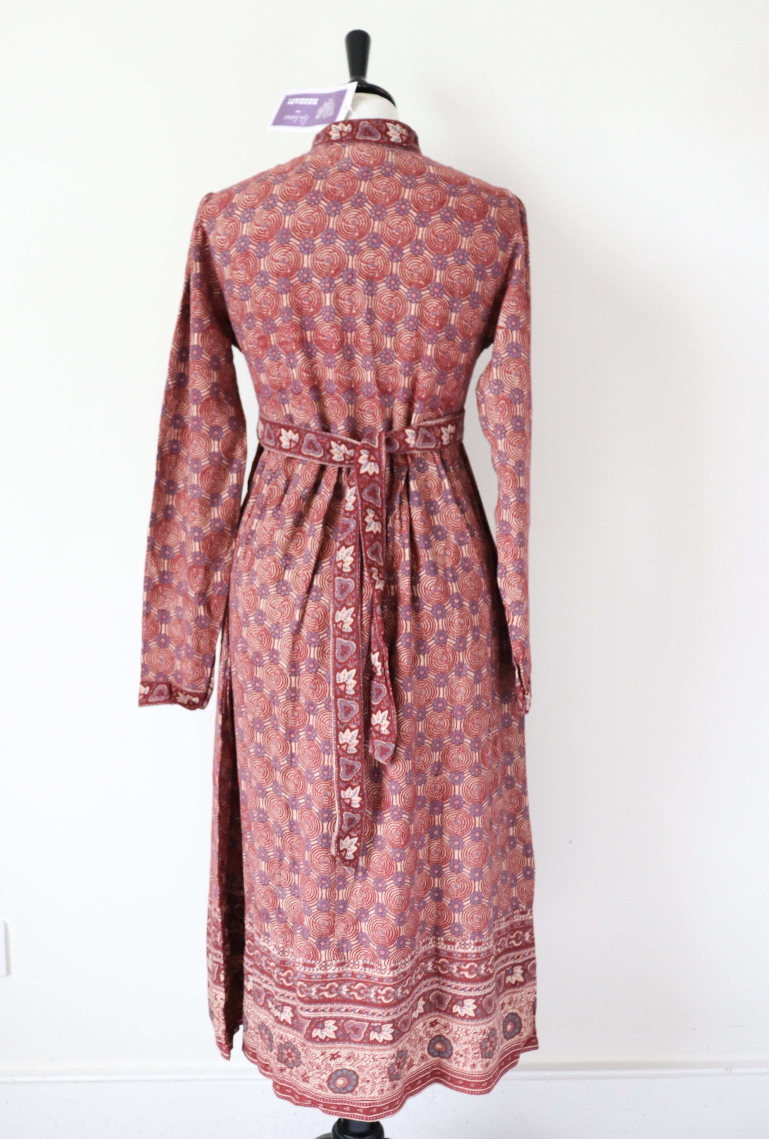 Ritu Kumar Vintage Block Print Cotton Dress - Empire Line - Brown -  S /  10