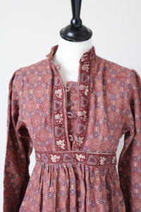 Ritu Kumar Vintage Block Print Cotton Dress - Empire Line - Brown -  S /  10