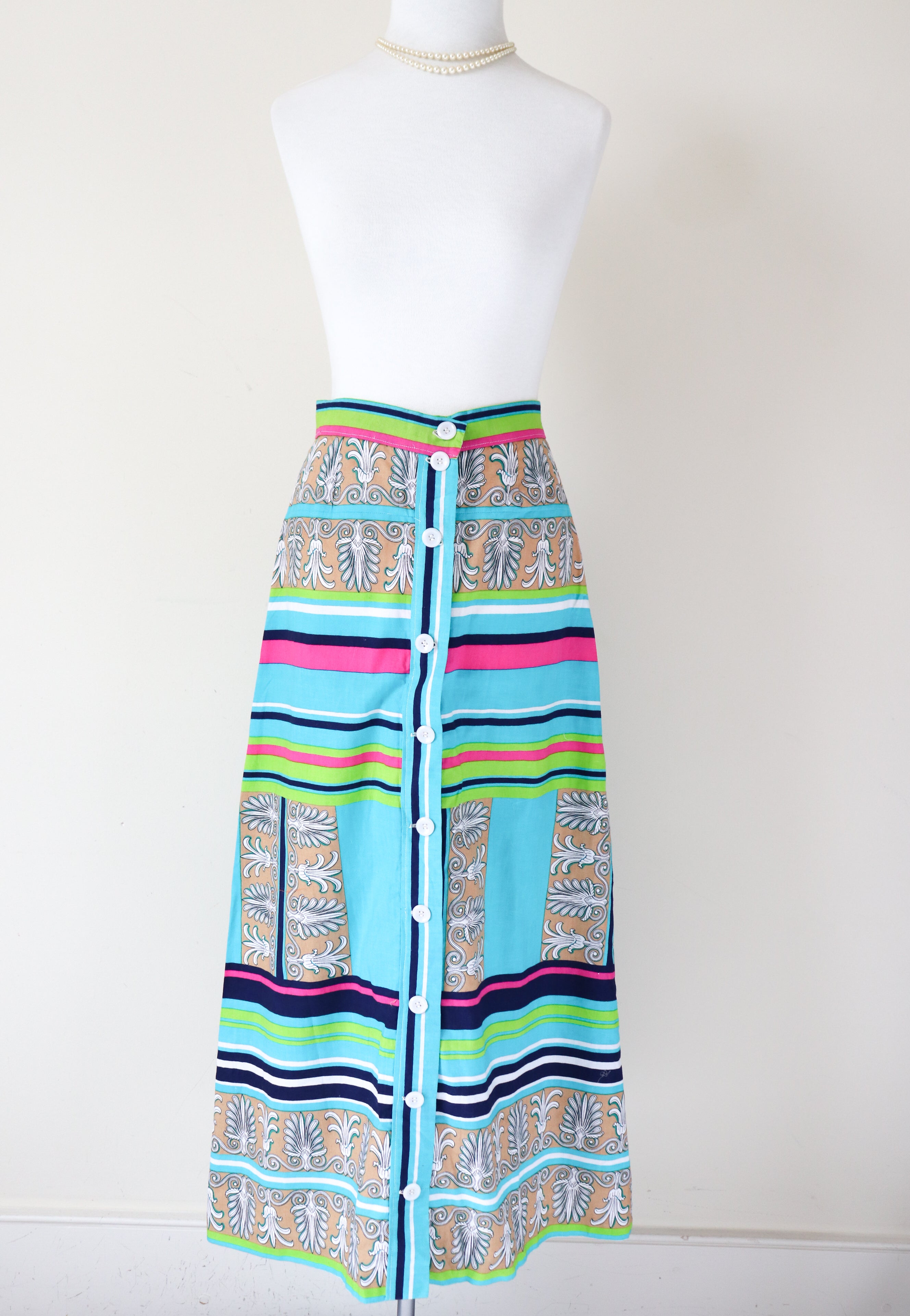 1960s Cotton Maxi Skirt Turquoise Blue Multi colour Print XS