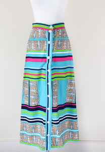 1960s Cotton Maxi Skirt - Turquoise Blue / Multi-colour Print - XS / UK 8