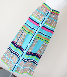 1960s Cotton Maxi Skirt - Turquoise Blue / Multi-colour Print - XS / UK 8