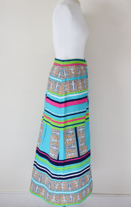 1960s Cotton Maxi Skirt - Turquoise Blue / Multi-colour Print - XS / UK 8