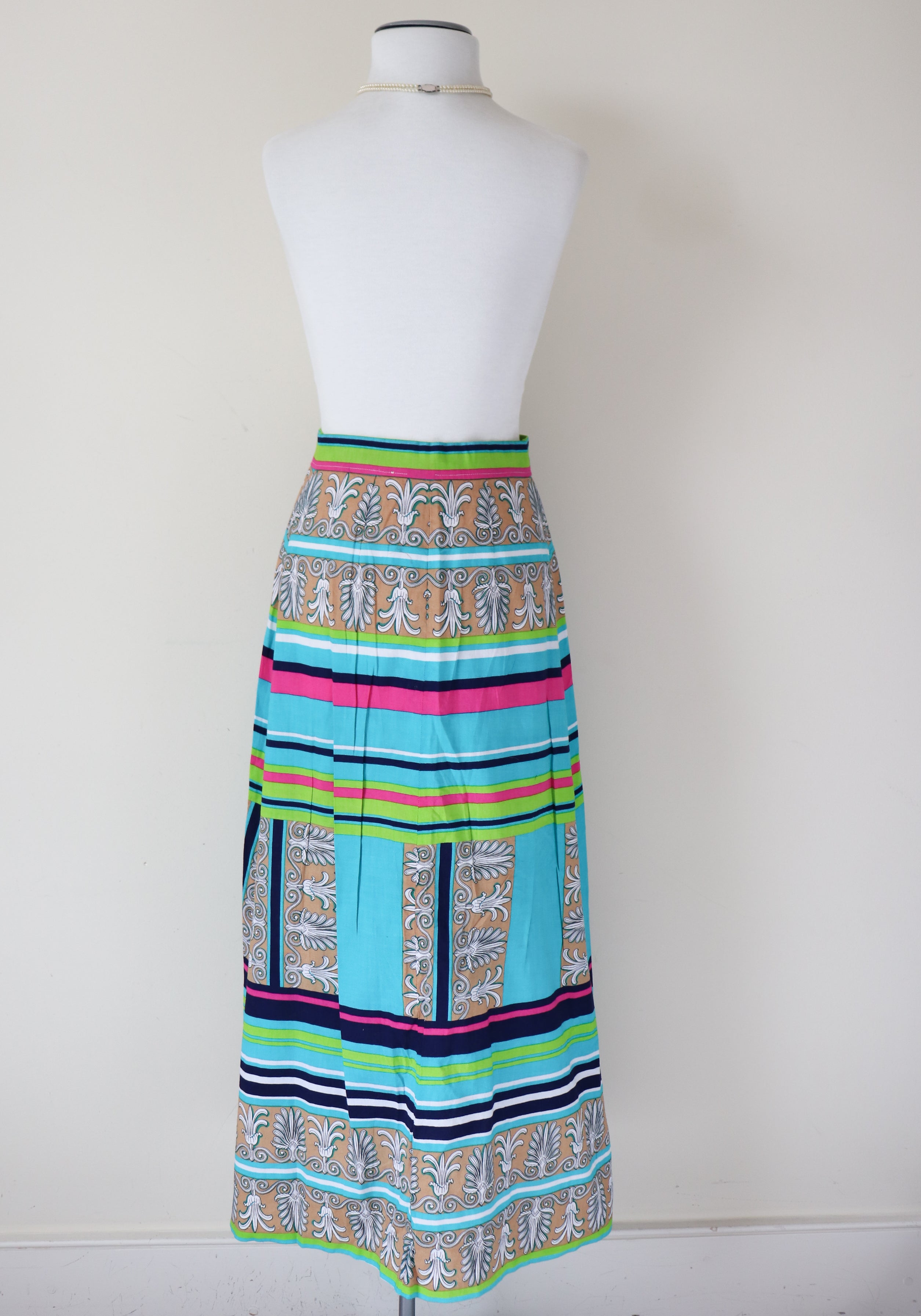 1960s Cotton Maxi Skirt - Turquoise Blue / Multi-colour Print - XS / UK 8