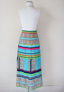 1960s Cotton Maxi Skirt - Turquoise Blue / Multi-colour Print - XS / UK 8