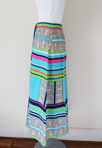 1960s Cotton Maxi Skirt - Turquoise Blue / Multi-colour Print - XS / UK 8