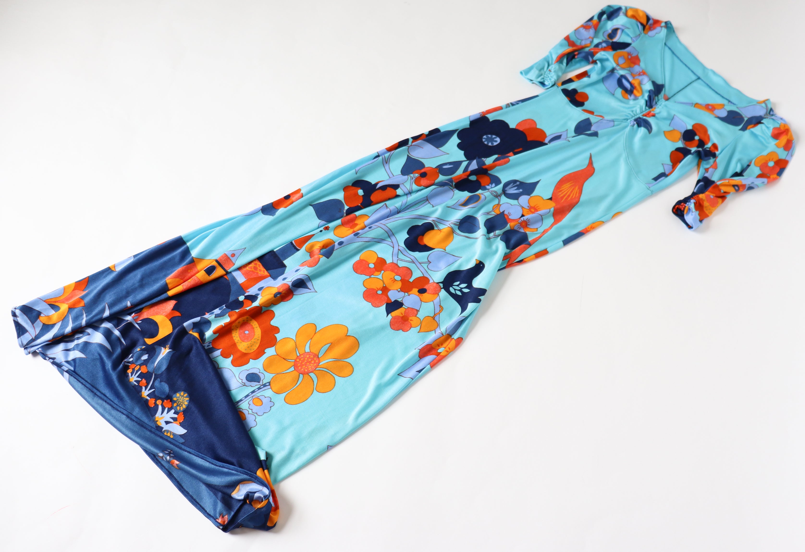 Vintage Maxi Dress 1970s - J Bancroft - Turquoise Blue Polyamide - S / UK 10
