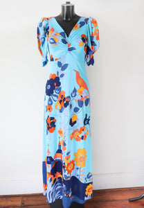 Vintage Maxi Dress 1970s - J Bancroft - Turquoise Blue Polyamide - S / UK 10