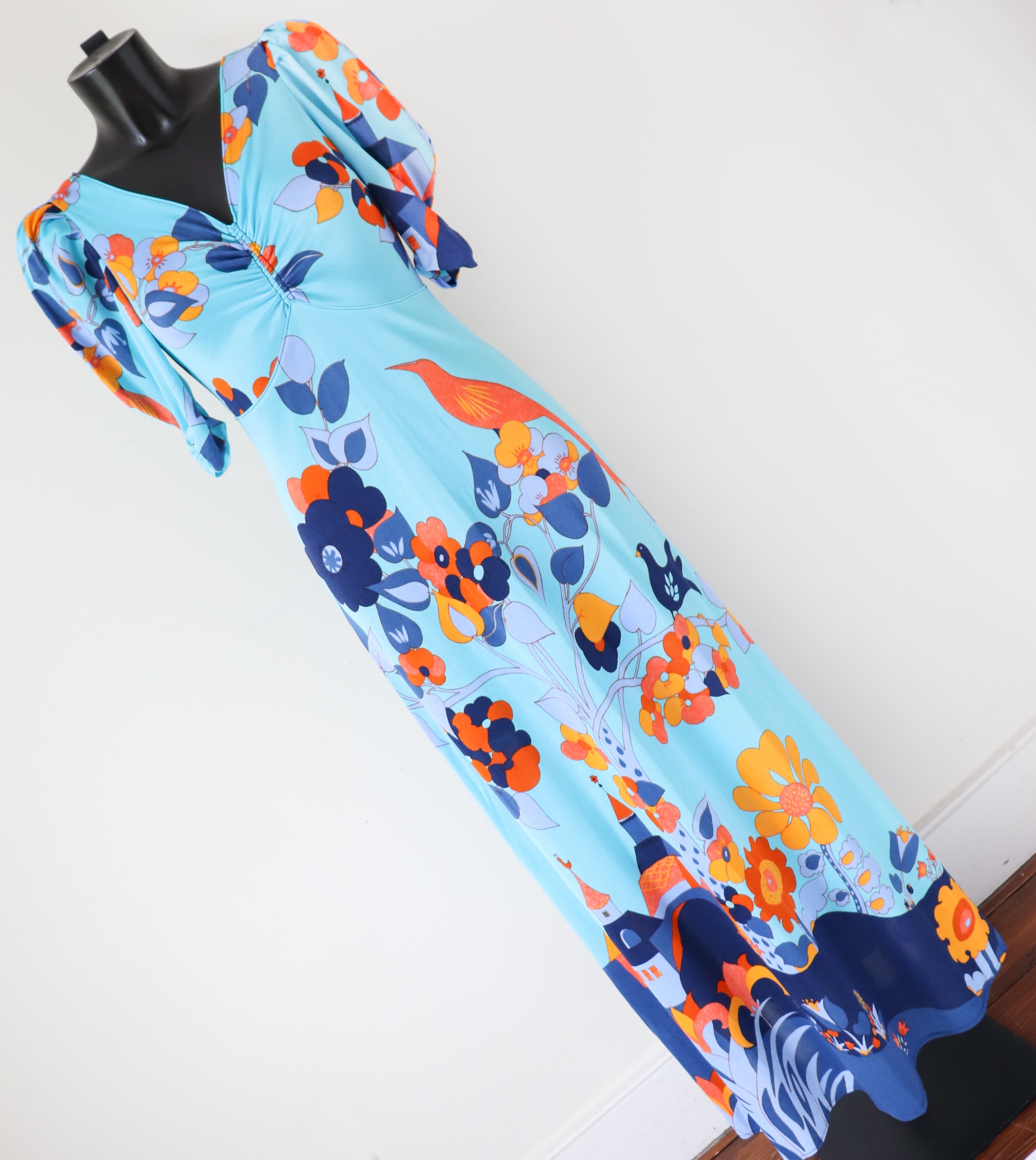 Vintage Maxi Dress 1970s - J Bancroft - Turquoise Blue Polyamide - S / UK 10