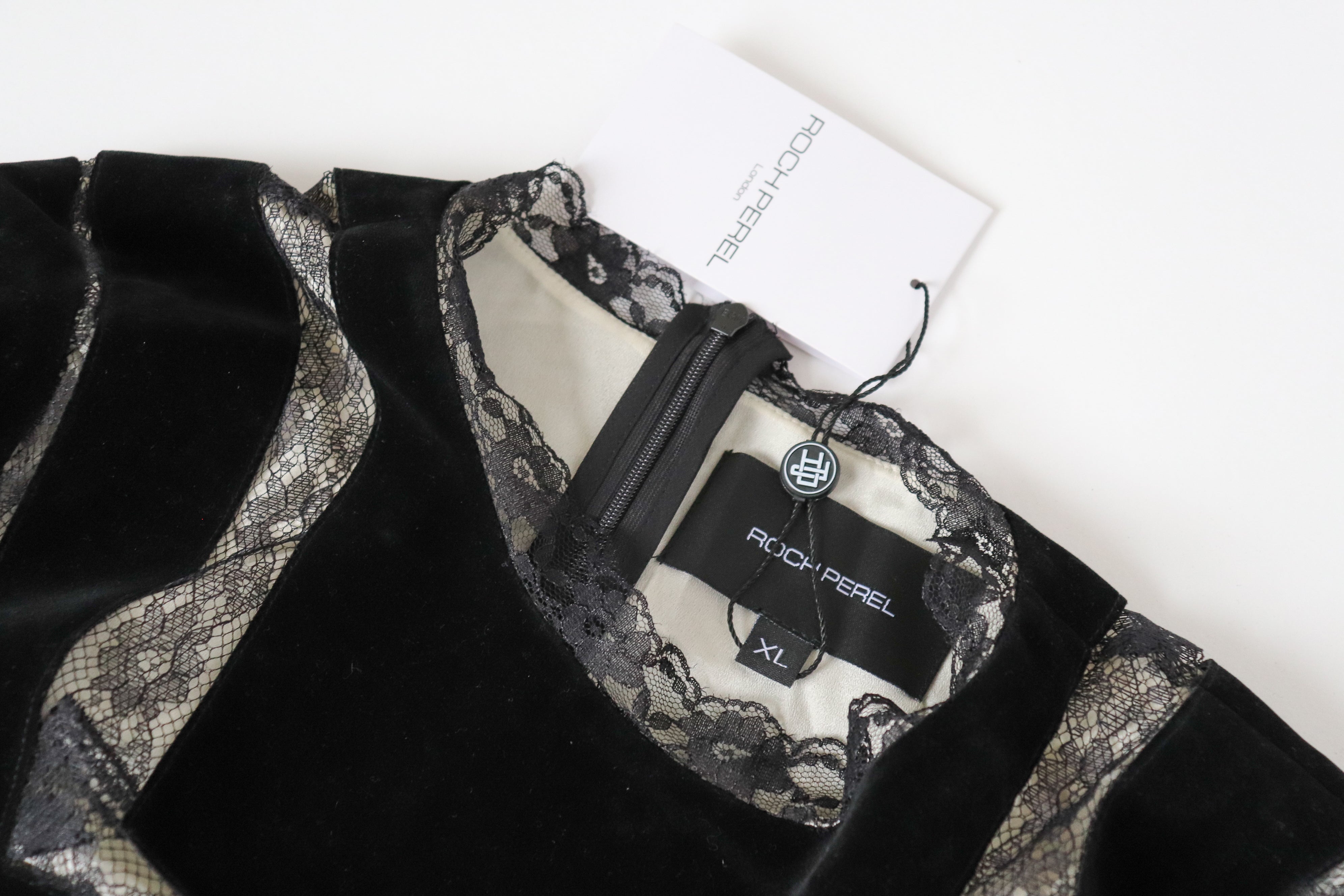 Roch Perel  LBD  Dress - Black Velvet / Lace - XL - Fit L / UK 14 - Label Attach