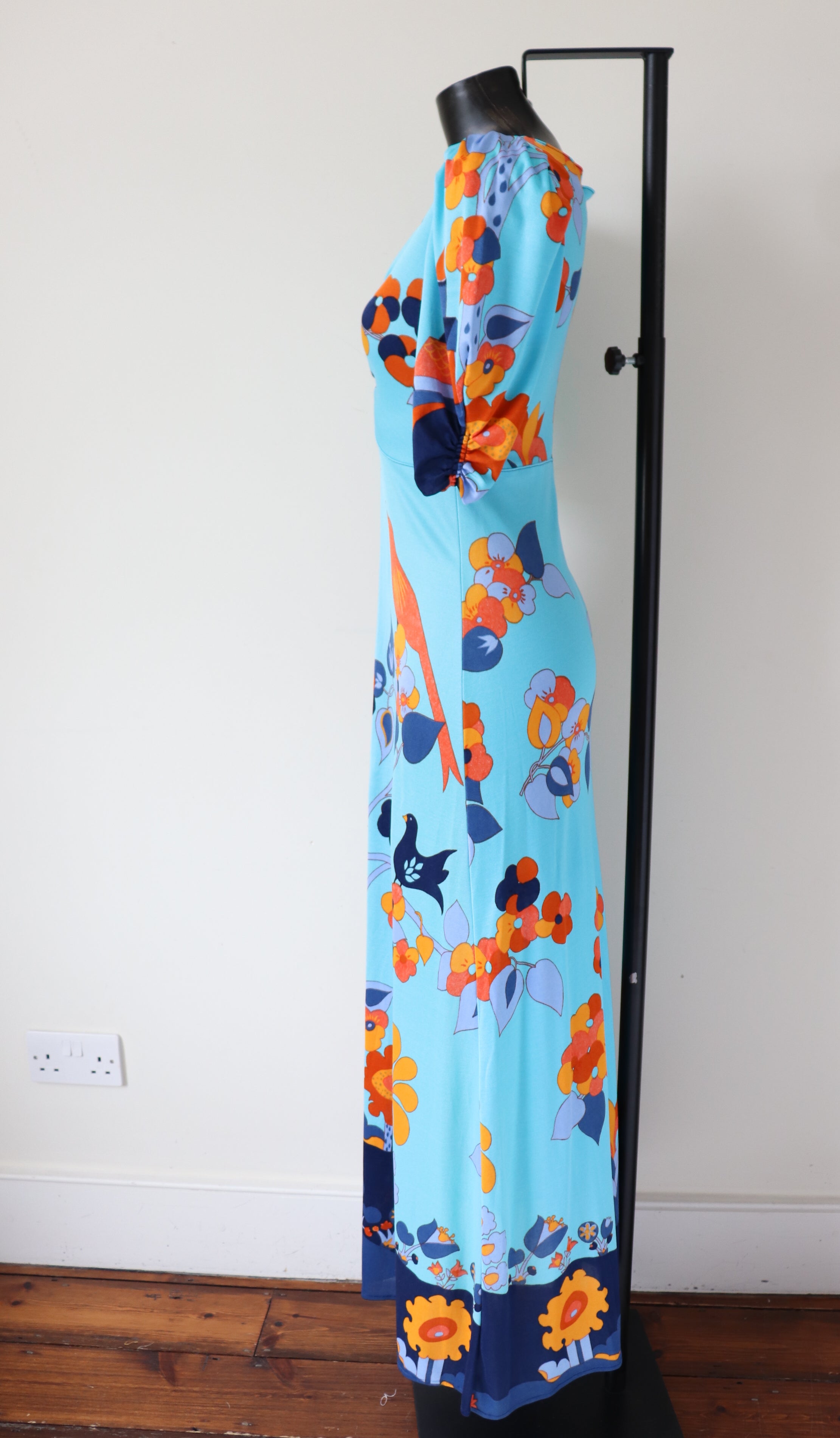 Vintage Maxi Dress 1970s - J Bancroft - Turquoise Blue Polyamide - S / UK 10