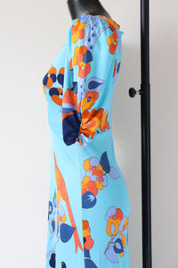 Vintage Maxi Dress 1970s - J Bancroft - Turquoise Blue Polyamide - S / UK 10