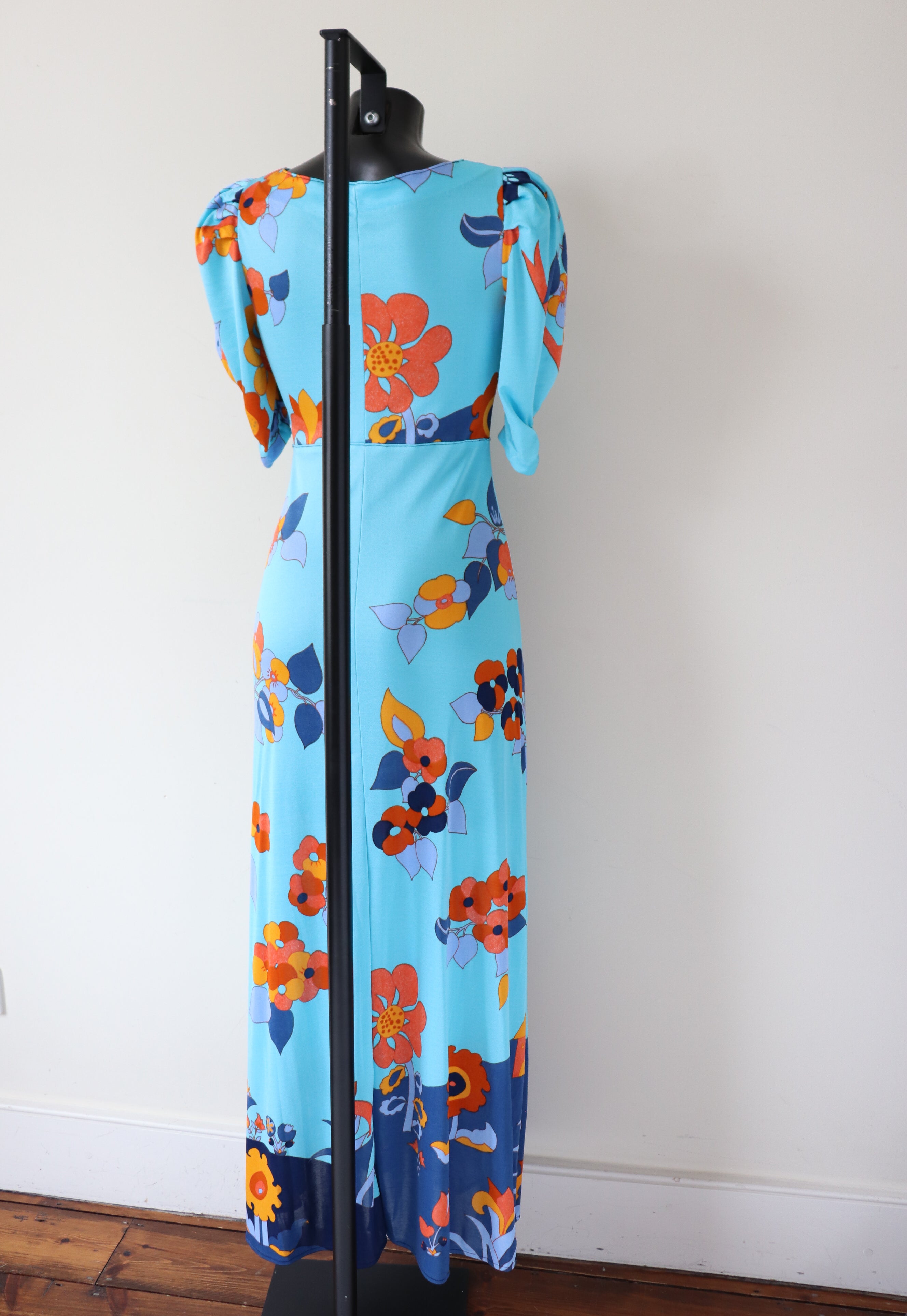 Vintage Maxi Dress 1970s - J Bancroft - Turquoise Blue Polyamide - S / UK 10